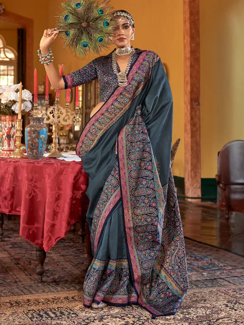 Grey printed silk saree for wedding wear