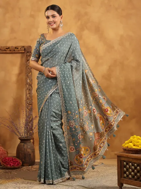 Grey printed silk saree with resham work