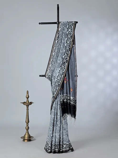 Grey printed tusser silk saree with thread work