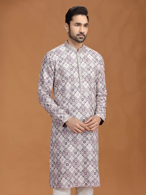 Grey purple viscose kurta suit with motifs