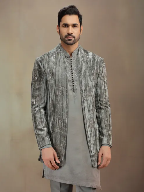 Grey reception wear velvet indowestern set