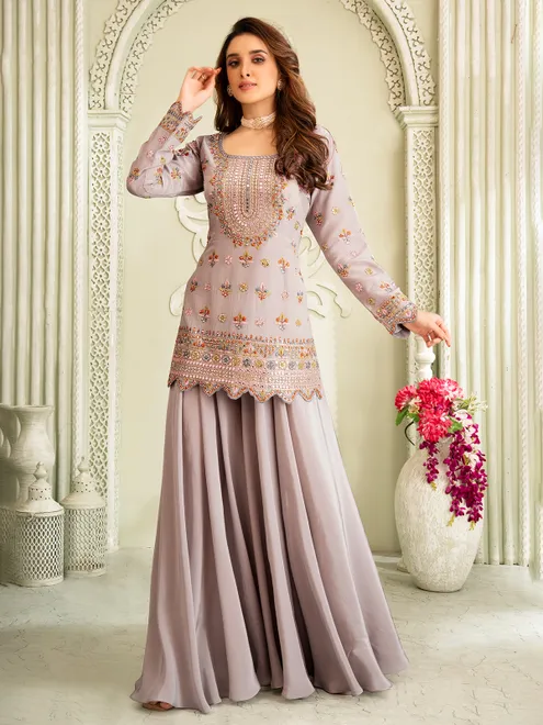 Grey satin silk pakistani palazzo suit with full sleeves