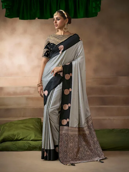 Grey satin silk saree with sophisticated accents