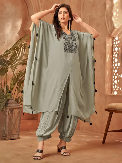 Grey silk designer kaftan suit for women