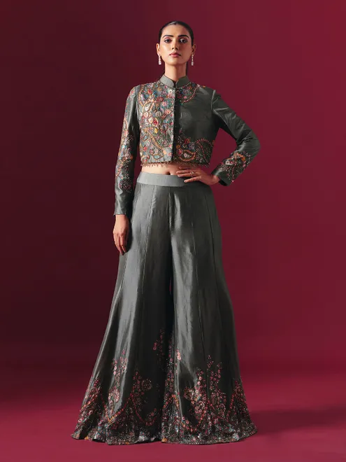 Grey silk designer palazzo suit with luxurious handcrafted embellishments