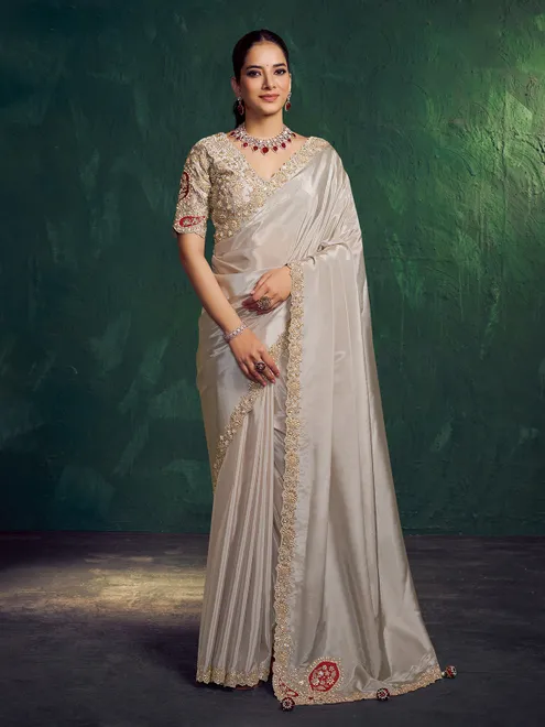 Grey silk embroidered festive saree