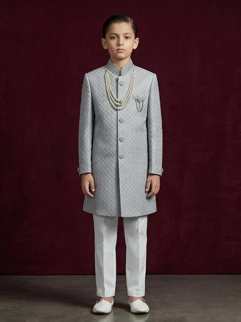 Grey silk embroidered texture festive boys indowestern