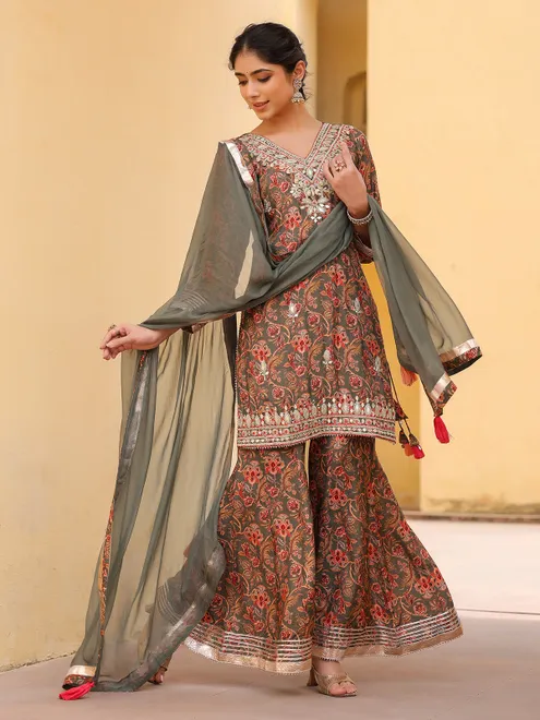Grey silk floral palazzo kurti set ensemble for women