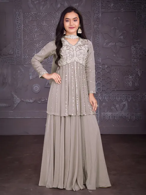 Grey silk full sleeve palazzo ensemble for festive