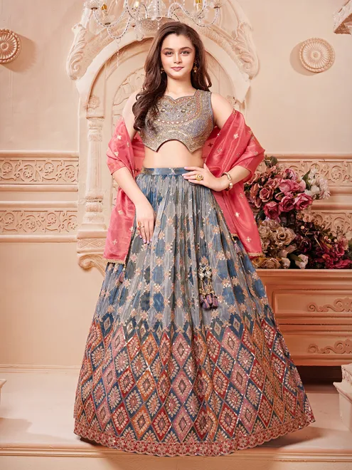 Grey silk girls lehenga choli with dupatta