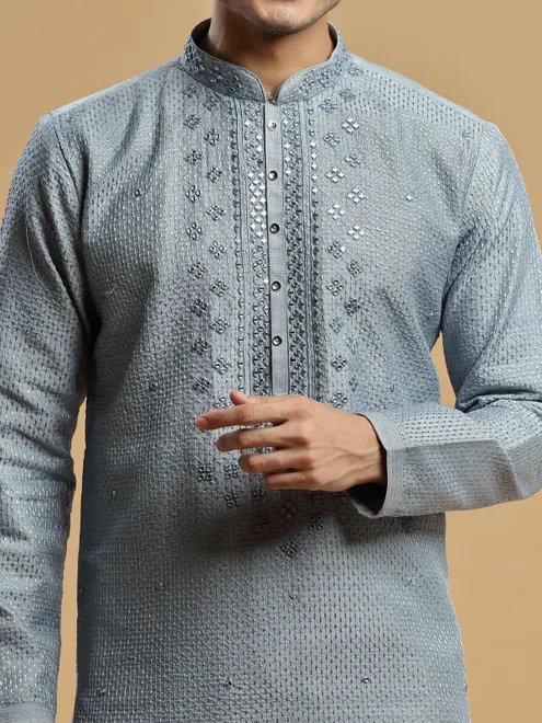 Grey silk  Men Kurta pajama for festive look