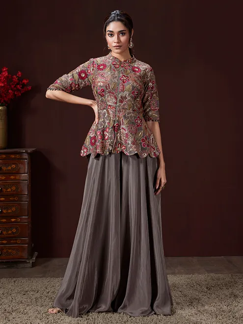 Grey silk palazzo suit with rich embellishment