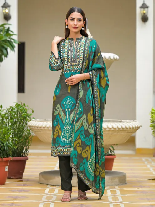 Grey silk printed festive kurti set