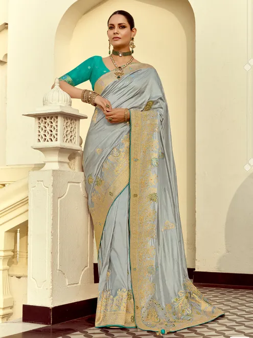 Grey silk saree with cutdana work