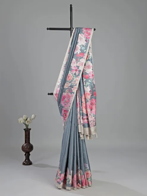 Grey silk saree with zari floral weaving
