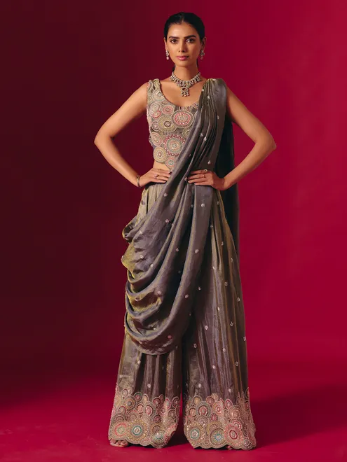 Grey silk sequinned designer palazzo suit for receptions