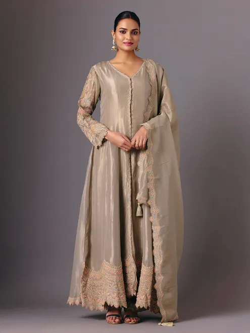 Grey silk v neck full sleeve pant salwar suit