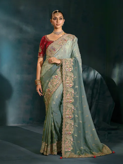 Grey silk wedding wear saree with maroon blouse
