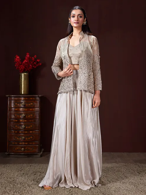 Grey silk women indowestern suit with jacket