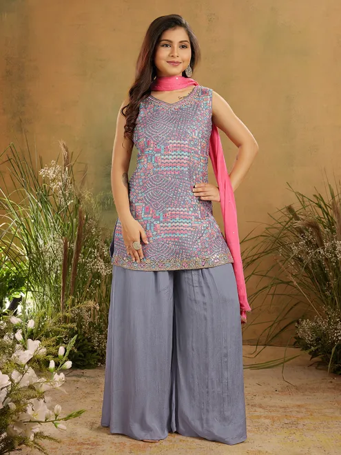 Grey sweetheart neck silk palazzo suit for festive