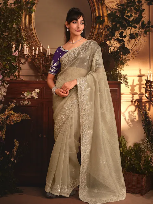 Grey tissue organza saree with purple blouse
