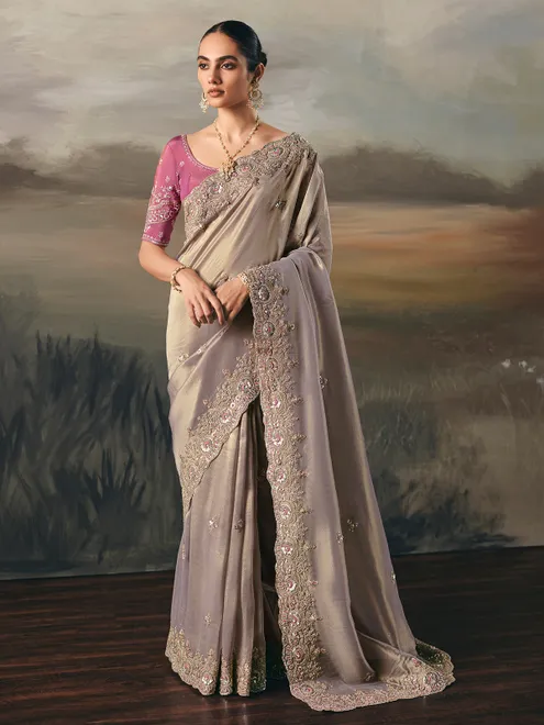 Grey tissue silk elegant wedding saree