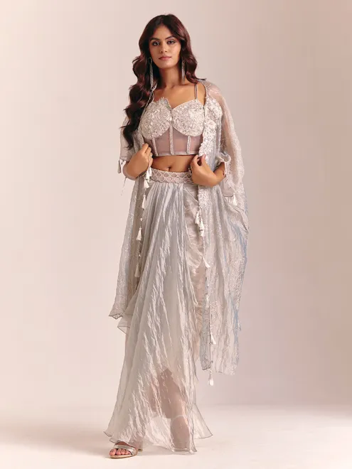 Grey tissue silk indowestern jacket designer suit