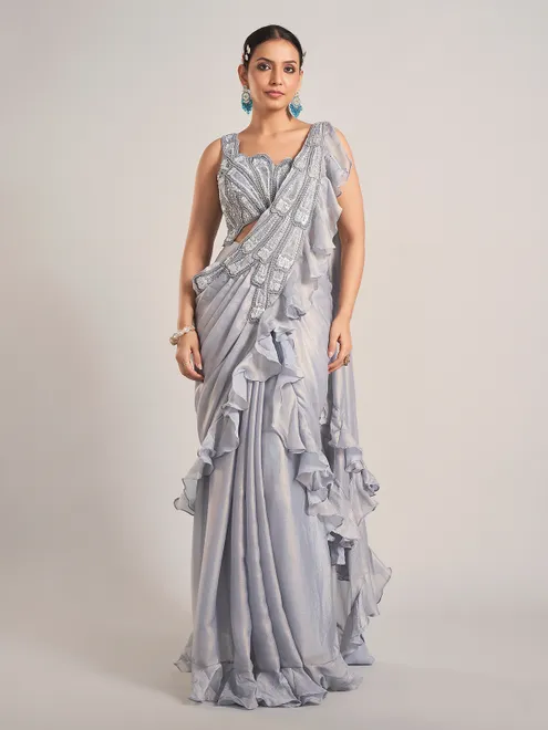 Grey tissue silk party wear saree