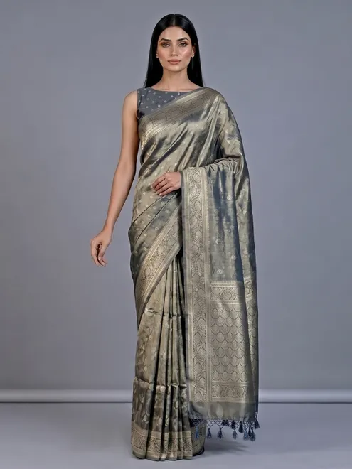 Grey tissue silk saree with refined butti and detailed pallu