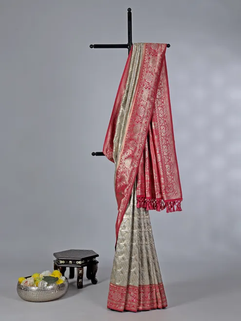 Grey tissue silk saree with thread and zari work