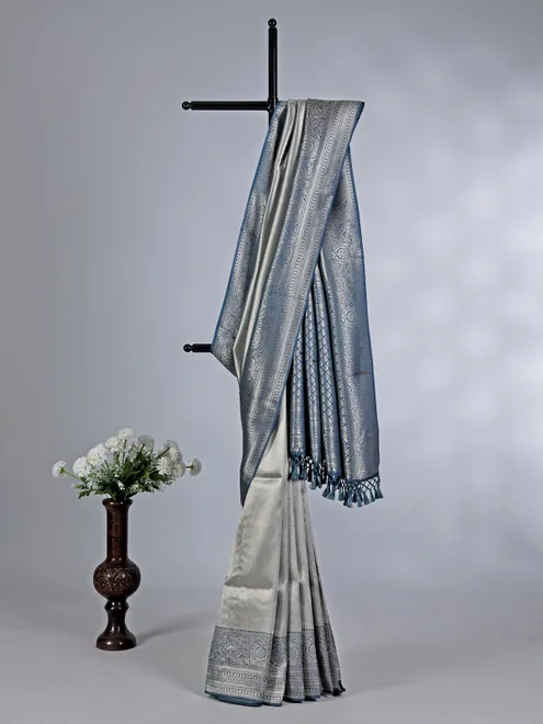 Grey tissue silk saree with zari border