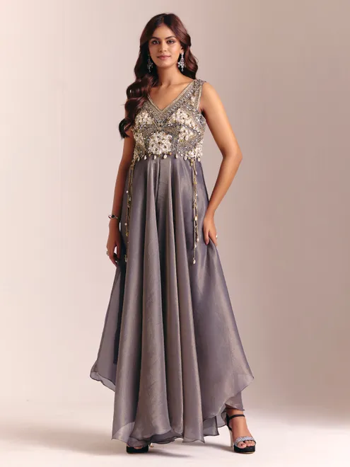 Grey tissue silk sleeveless designer embellished suit