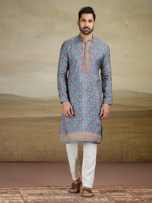 Grey viscose silk kurta suit with print