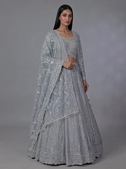 Grey wedding wear net lehenga choli with sequins detailing