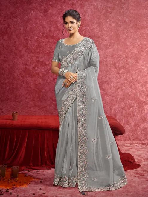 Grey wedding wear saree in tissue silk