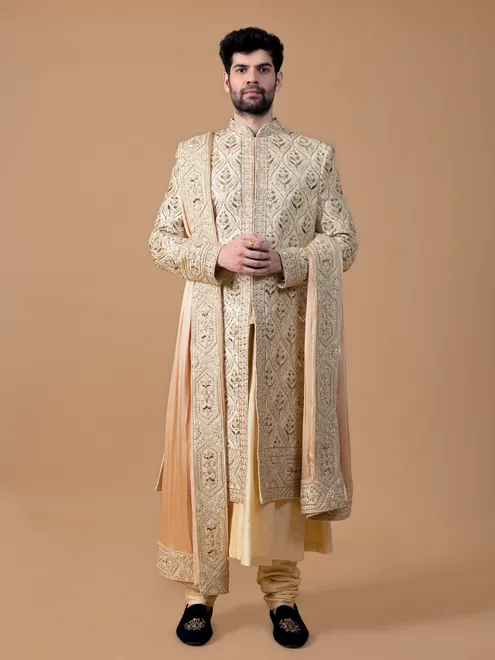 Groom raw silk beige sherwani