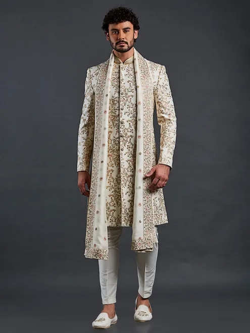 groom style cream raw silk shewani for wedding