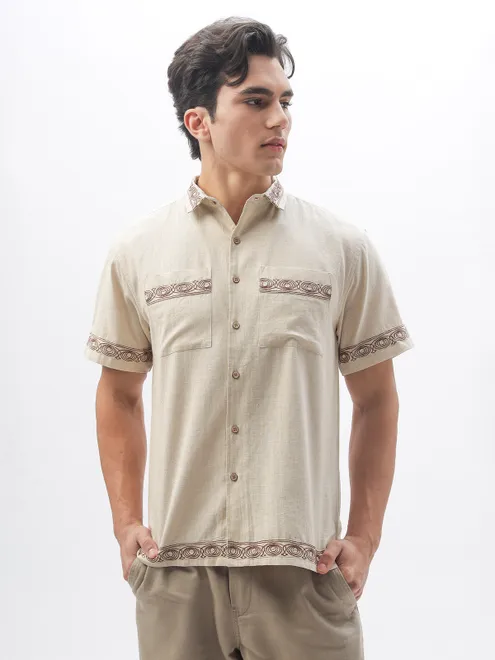 HAMPTONS beige embroideried cotton linen shirt