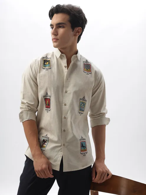 HAMPTONS cream opaque printed casual shirt