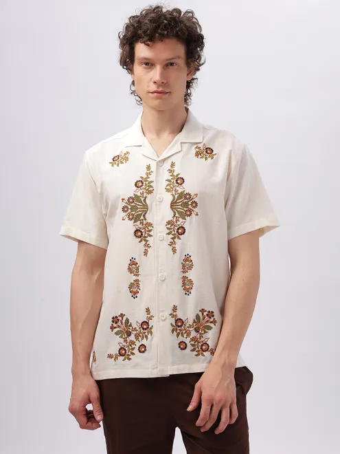 HAMPTONS light cream notch lapel cotton linen casual shirt