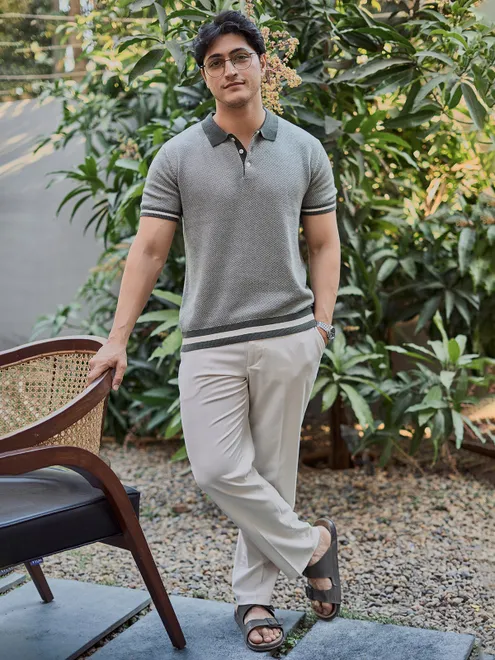HAMPTONS olive textured slim fit polo t-shirt