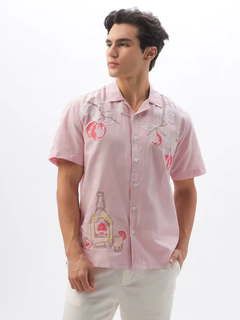 HAMPTONS pink cotton linen embroidered casual shirt