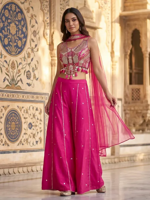 Hot pink art silk festive palazzo suit