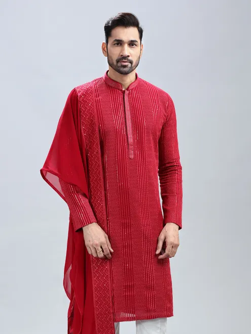 Hot pink embroidery kurta set with dupatta for men