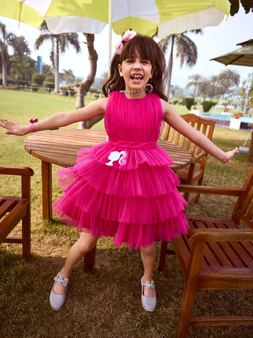 Hot pink net frock for girls