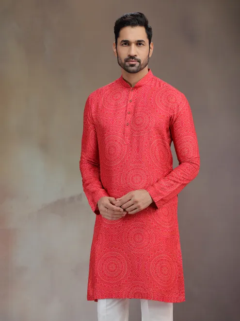 Hot pink printed silk kurta suit for men