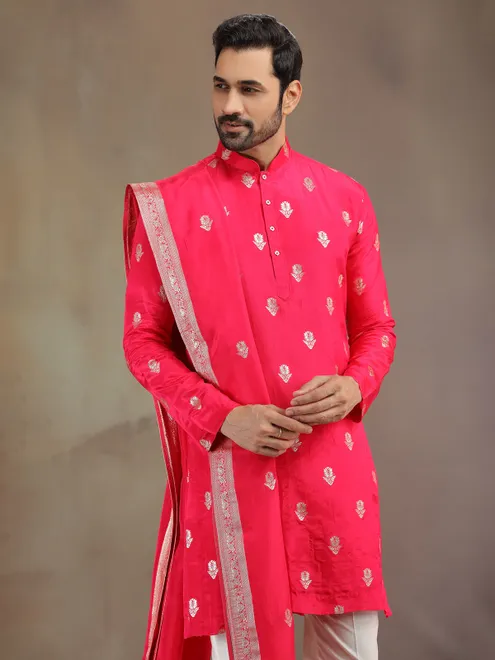 Hot pink silk men kurta pajama with dupatta