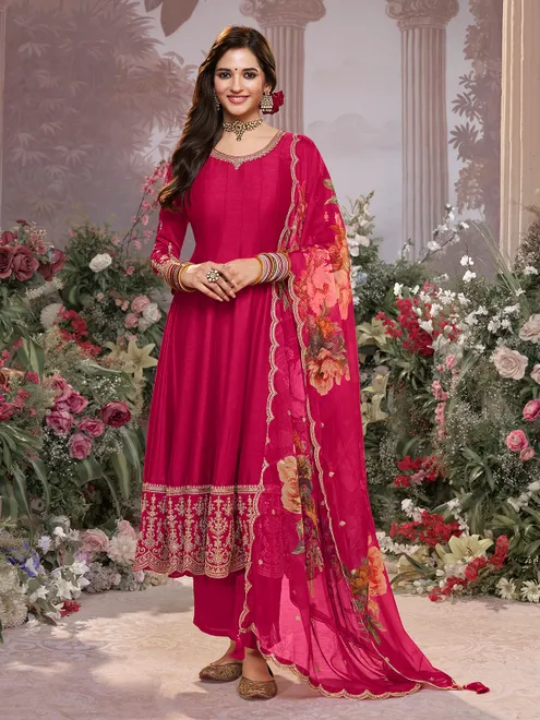 Hot pink vibrant chinon salwar suit for women