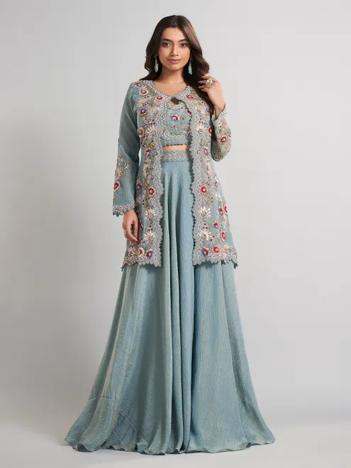 Ice blue designer jacket style silk palazzo suit