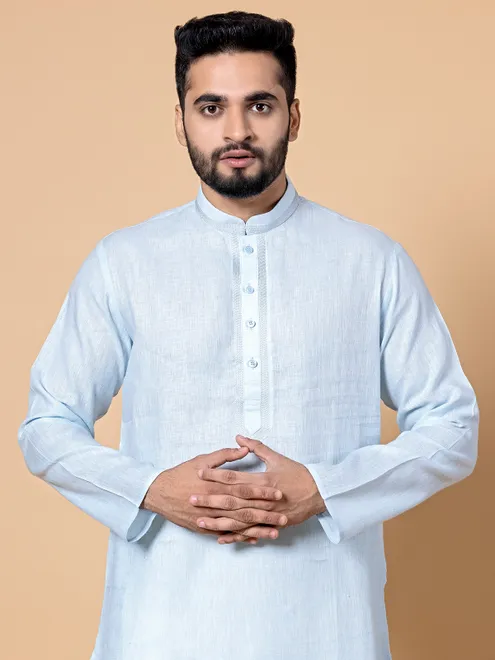 Ice blue linen plain  Men Kurta pajama